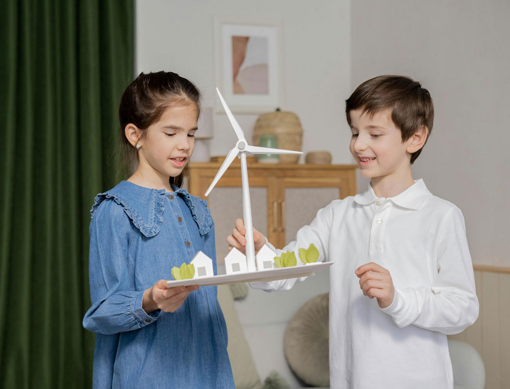 Children holding a model windmill